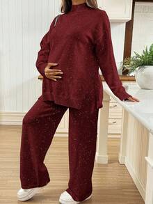 SHEIN 孕妇休闲保暖纯色侧开衩毛衣和裤子套装，秋冬 - 酒紅色 - View 5