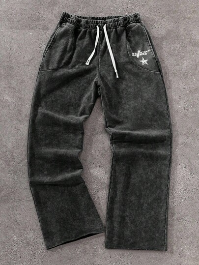 PAVTROS Manfinity Streetrush Men's Printed Sweatpants, Young Street Style, Ins Style Cotton Simple Star & Letter Print Sweatpants; Men's Casual Cotton Loose Version Pants; Casual Relaxed Elastic Waist Drawstring Pants; Cotton Slightly Holiday Gift, Boyfriend Gift Sweatpants, Gym Sweatpants, For Rave