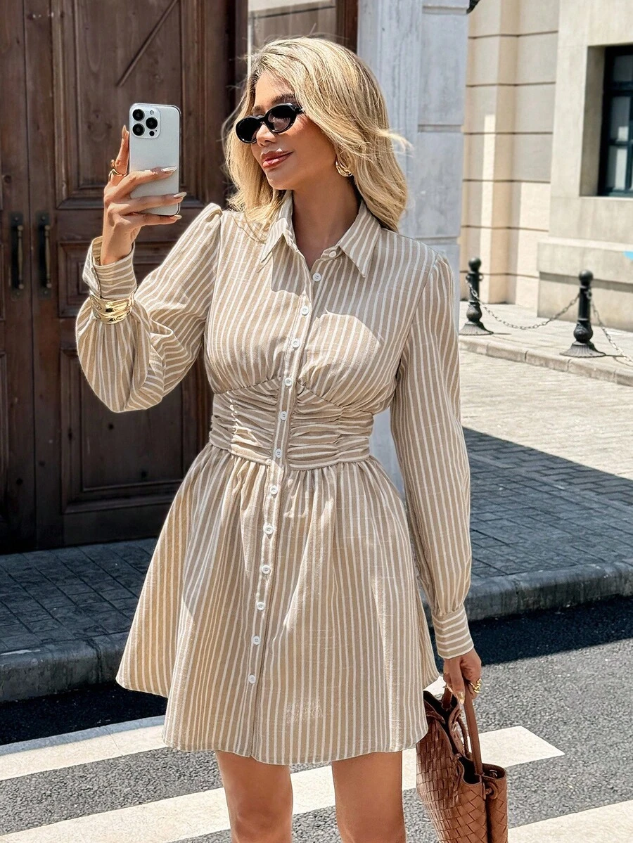 Chiquease 女士休闲棉质条纹腰带长袖衬衫裙 - 彩色 - 查看 1