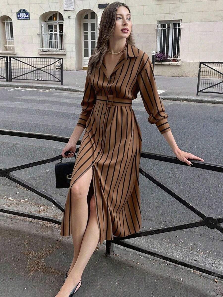 Pariaura 女式撞色条纹休闲长袖连衣裙