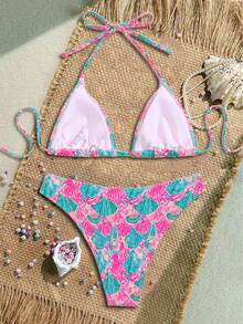 Swim Mod 女士贝壳印花露背系带性感比基尼泳装套装，适合夏季海滩 - 彩色 - 查看 4