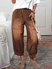 EMERY ROSE Plus Size Women Casual Loose Elastic Waist Wide Leg Jeans - Coffee Brown - View 1