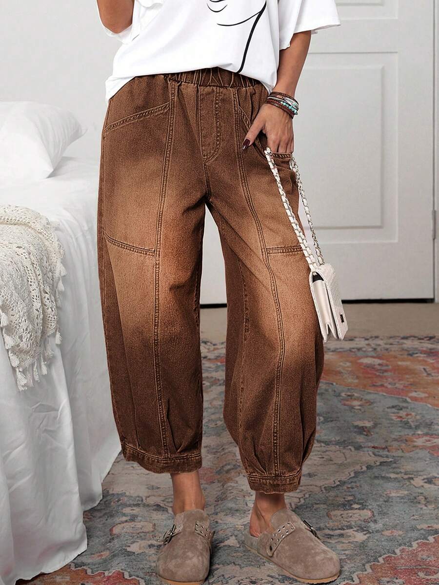EMERY ROSE Plus Size Women Casual Loose Elastic Waist Wide Leg Jeans - Coffee Brown - View 1