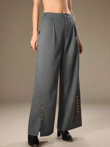 Modelyn 女士时尚宽松高腰裤，金色纽扣装饰，开衩下摆，优雅通勤 - 深灰色 - 查看 4