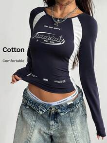 Coolane 女士冬季/秋季街头休闲比赛日返校休闲棉质撞色深蓝色圆领长袖 T 恤 - 彩色 - 查看 2