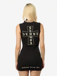 SUMWON WOMEN Váy ngắn Gothic Cross Cotton không tay, bó sát, cổ cao, thích hợp cho lễ hội, câu lạc bộ nhạc rock thay thế, tiệc đêm, thời trang thu đông cho lễ Halloween - màu đen - Xem 4