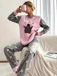 SHEIN Cottnline Cartoon Graphic Flannel PJ Set - Multicolor - View 4