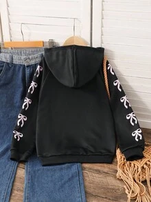 Sparklyn 青少年女孩休闲运动夹克，百搭学院风蝴蝶结和数字图案插肩袖连帽拉链运动衫，秋冬 - 黑色 - 查看 2