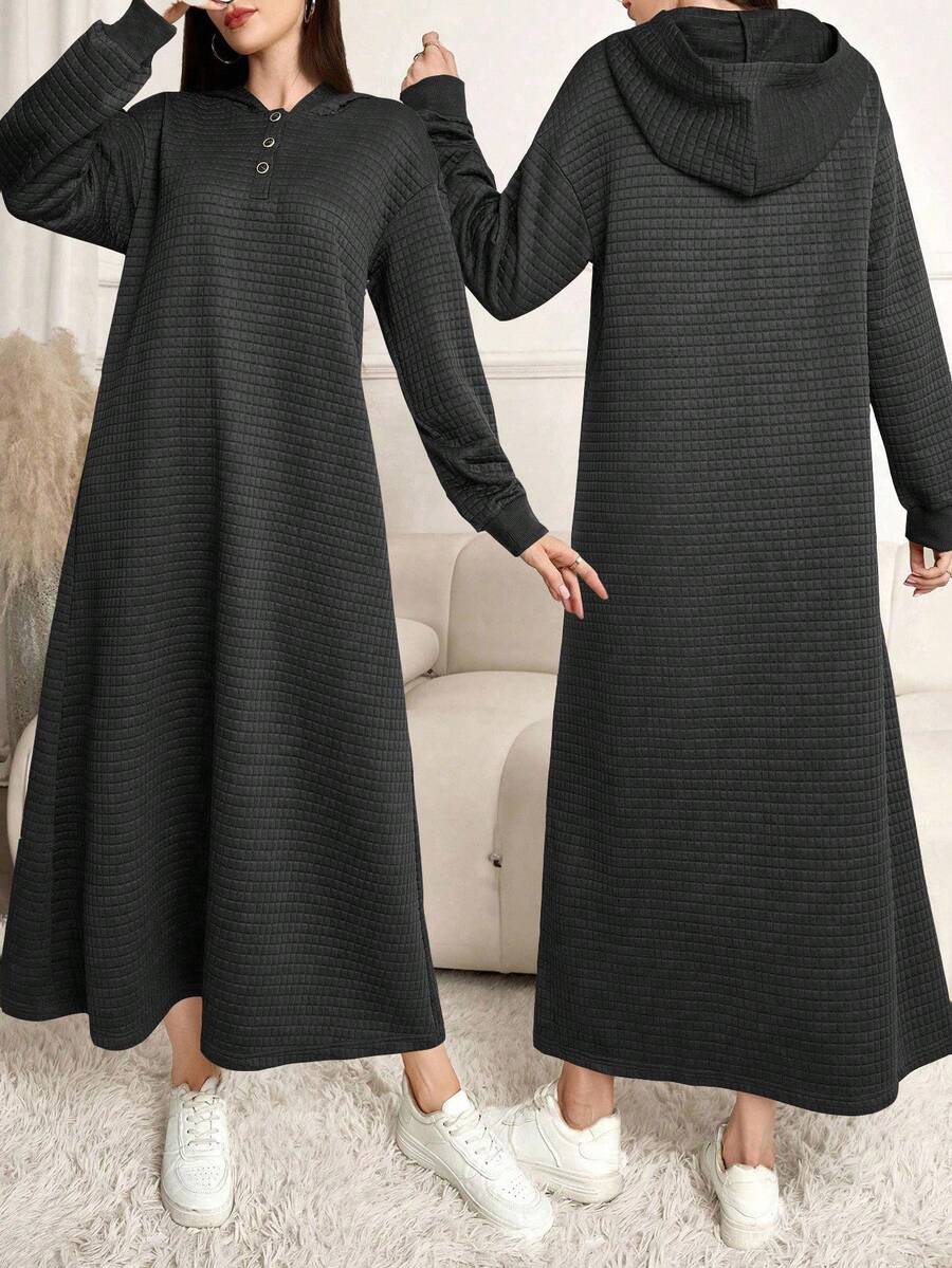 Lacomfia Áo nỉ có mũ trùm đầu dệt kim màu trơn họa tiết tổ ong dành cho nữ - Xám - Xem 1