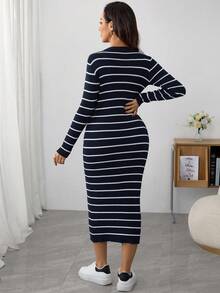 SHEIN Maternity Contrast Color Striped Long Sleeve Sweater Dress - Navy Blue - View 3