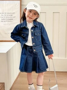 Genkimix Kids 3件套少女秋季时尚三件套：高领长袖T恤、翻领牛仔外套、百褶牛仔裙，休闲时尚街头风秋冬装 - 藍色 - 查看 2