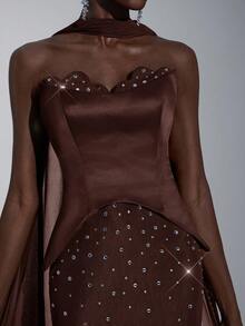 Elitara Gaun Malam Formal Wanita Elegan, Mewah, dan Sangat Berhias Rhinestone, Buatan Tangan, dengan Kerah Bunga dan Cangkang Logam, Model Ekor Duyung - Coffee Brown - View 7