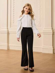 Girls' Long Sleeve Mesh Patchwork Ruffle Trim Blouse + High Waist Pants Elegant Halloween Christmas Outfit Fall Winter - White - View 4