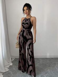 Elenzga 女士印花面料束腰连体裤，优雅度假和日常穿着 - 巧克力棕 - 查看 3