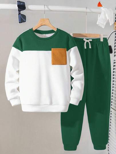 SHEIN 2pcs Tween Boy Sports Casual Contrast Color Crew Neck Sweatshirt And Sweatpants Set, Boys Sweatsuits Set, Teen Boys Casual Sets, Boy Sweatsuit Two Piece Set, Boy Teen 2pc Sets, Boys Autumn Winter Set,Ensemble Hiver,Winter Clothing,Fall Outfits,Fall Clothing,All Clothes For Kids ,Christmas Green,White Tops , Fall Tops