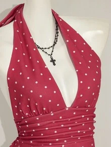 SHEIN ICON 露背深 V 领收腰 A 字形露背红色圆点吊带背心 - 彩色 - 查看 9