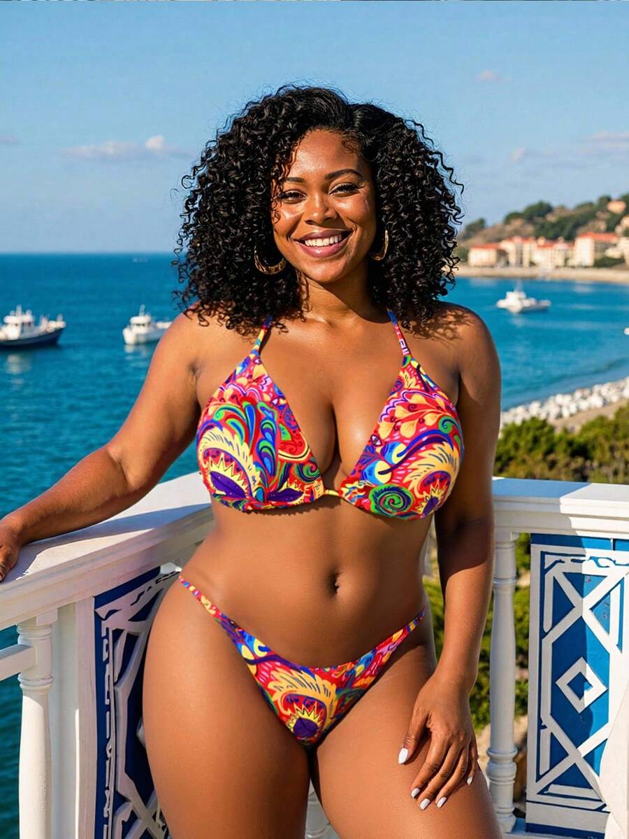Slaydiva 1 pieza Parte superior de bikini casual con triángulo y cubierta extra para mujer de talla grande con estampado aleatorio - Multicolor - Ver 1