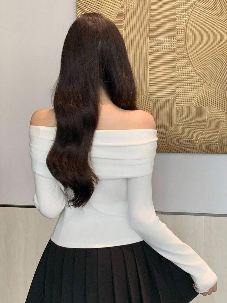 Women's Solid Color Bowknot Off-Shoulder Elegant Sexy Fitted Knit Sweater, Autumn/Winter