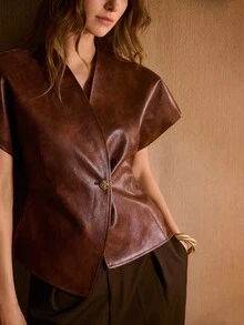 MOTF PREMIUM CHAQUETA DE CUERO PU CON BOTÓN DE METAL ROSA DE ESTILO RETRO Y HOMBROS ANCHOS PARA MUJER - Marrón - Ver 2