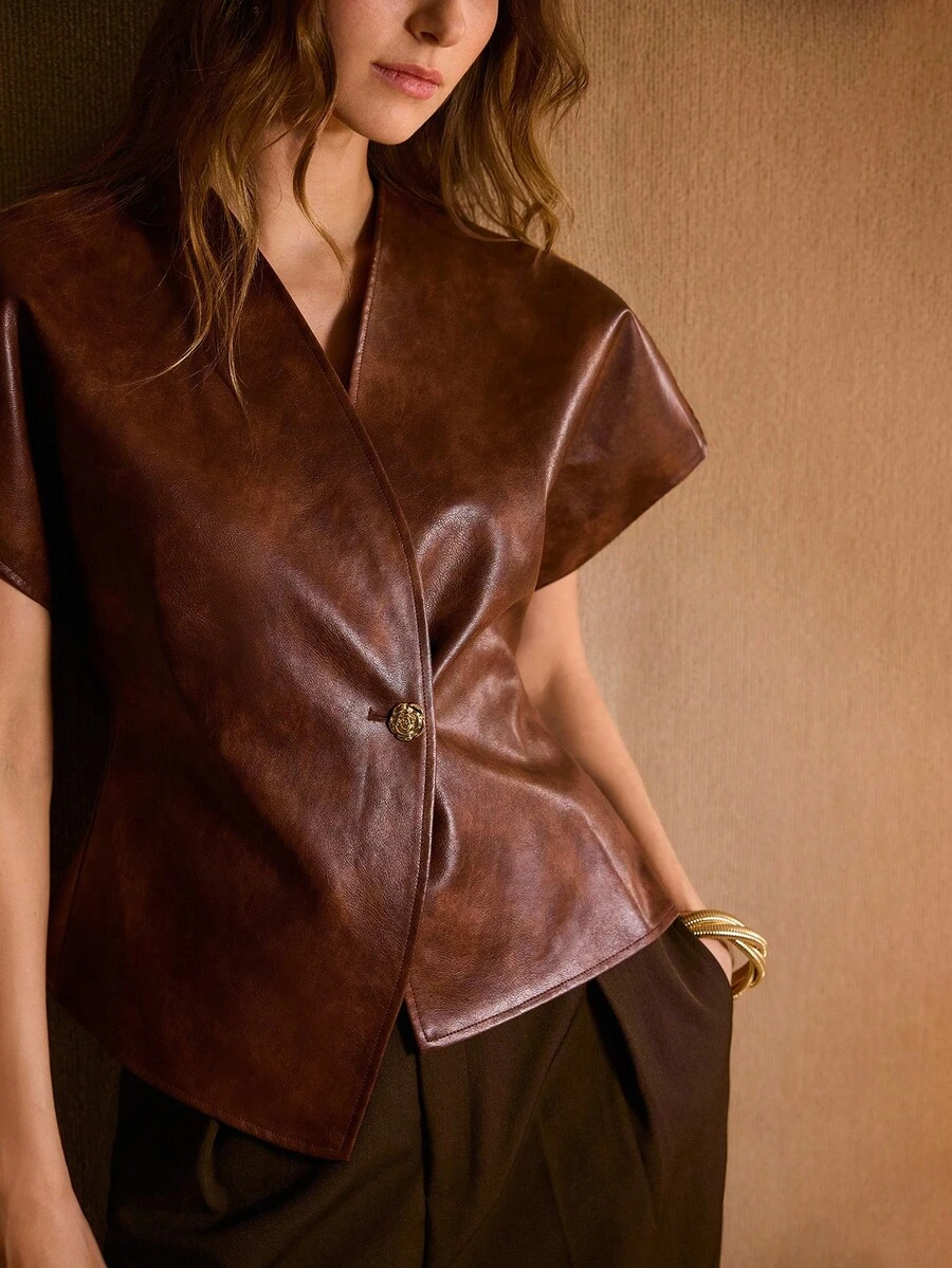 MOTF PREMIUM WOMEN WIDE SHOULDER RETRO COMMUTER METAL ROSE BUTTON PU LEATHER JACKET - Brown - View 2