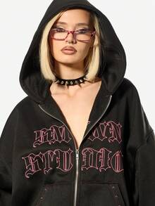 SUMWON WOMEN Sudadera con capucha con cremallera y capucha con cordón, con letras de strass en contraste, estilo gótico de Halloween - Negro - Ver 7