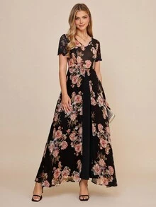 Amorya Abito elegante e romantico da donna con stampa floreale, inserti in pizzo e doppio strato di orlo, a maniche corte - Multicolore - Visualizzare 4