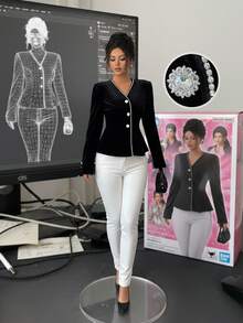 Elenzga 女士优雅秋季长袖黑白拼布荷叶边装饰纽扣腰部简约百搭衬衫，适合约会 - 黑色 - 查看 1