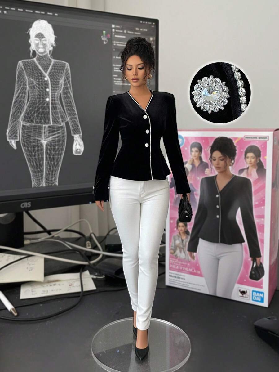 Elenzga 女士优雅秋季长袖黑白拼布荷叶边装饰纽扣腰部简约百搭衬衫，适合约会 - 黑色 - 查看 1