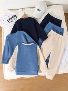 SHEIN 1 送 6 男童休闲纯色和撞色圆领长袖运动衫和松紧腰运动裤套装，适合返校、生日、迎婴派对、节日派对、秋冬季，羊毛，加厚 - 霧霾藍 - 查看 2