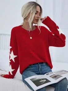 EMERY ROSE Sweater Pullover Kasual Nyaman Motif Bintang Patchwork Elemen Natal untuk Wanita, Serbaguna untuk Musim Gugur/Dingin - Merah - View 6