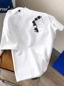 Manfinity Joysei Fashionable Casual Young Funny Cartoon Black Cat Fake Pocket Print Standard Fit Crew Neck Short Sleeve T-Shirt For Men, Suitable For Dates, Gatherings, Essential Outfit, Suitable For Couples, Family Matching, Great Gift For Boyfriend