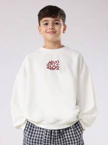 SUMWON 男童复古街头风格两件套涂鸦印花套装，含格纹工装裤，冬季秋季休闲宽松街头服饰套装 - 杏色 - 查看 3