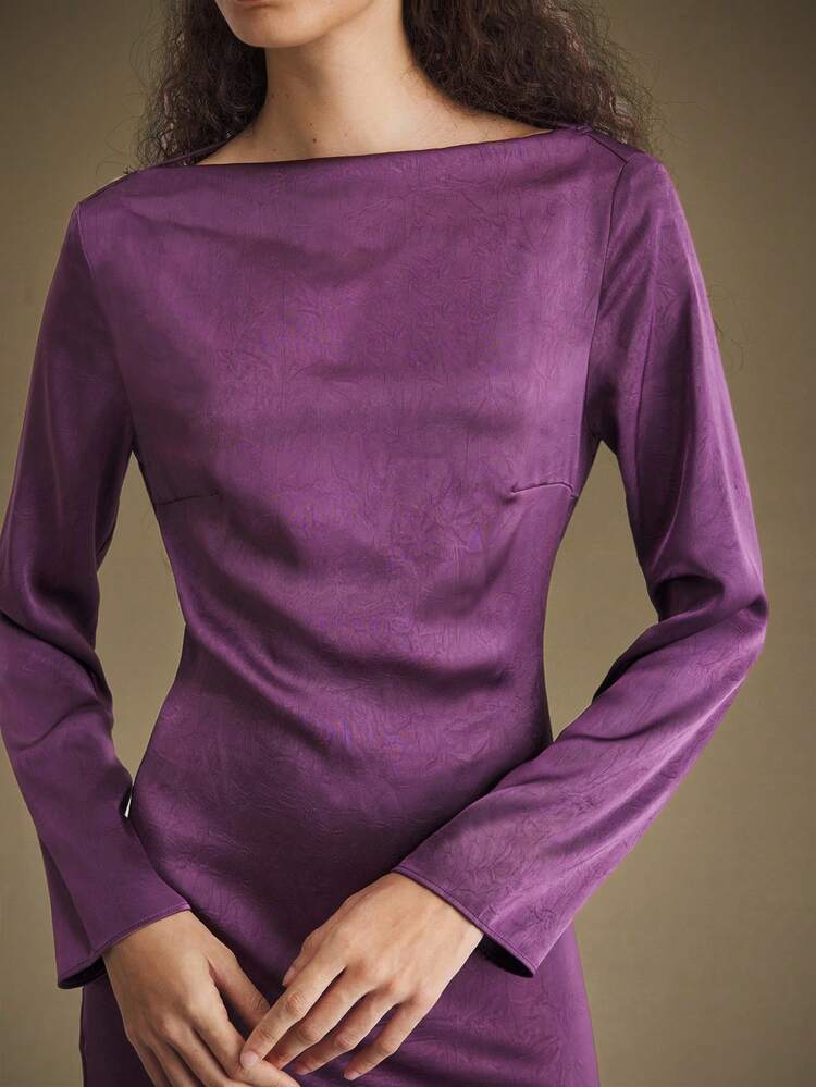 Women's Deep Purple Extra Long Dress,Autumn Elegent Dining Satin Ballroom Gown, Open Back Tie-Up,Cross Neck Waist Cinching Fitted Party Dress
