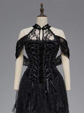 EDITION Gotischer dunkler Stil Halloween, Palast Spitze Patchwork Schulterfrei Samt Trägertop, Perlenkette Kreuz Dekor Damen Bluse