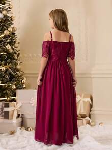 Elegant Burgundy Traditional Wedding Dress For Tween Girls,Luxurious Off Shoulder Short Sleeve Long Mesh Summer Gown For Party,Banquet,Flower Girl - Burgundy - View 2