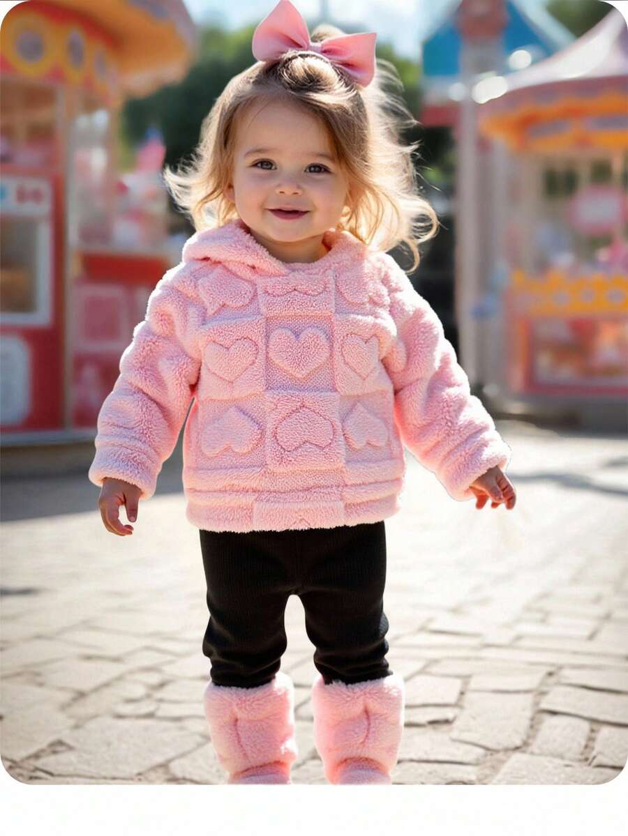 2 件套女婴可爱粉色蓬松连帽衫和裤子套装，秋冬女婴冬季服装幼儿女童冬季服装女童冬季服装套装两件套女婴冬季服装女婴秋季保暖衣服套装