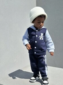 SHEIN 2pcs/Set Baby Boys Navy Blue Autumn Casual Page Boy Back-To-School Outfit,Letter "A" Print Button Sweatshirt Jacket & Colorblock Pants Tracksuit Set - Royal Blue - View 10