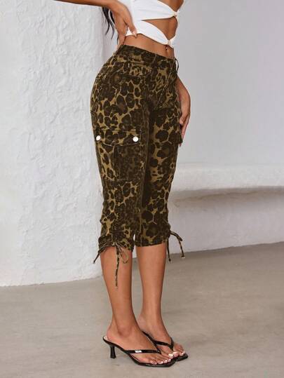 Jeanoix Pantalones capri ajustados con cordón y estampado de leopardo para mujer