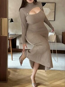 Flirla 秋冬优雅立领修身镂空针织连衣裙 - 杏色 - 查看 5