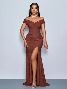 SOLERSUN 适合圣诞派对度假和约会优雅的勃艮第优雅扭曲露肩露背肩带高开叉美人鱼连衣裙，带有金属光泽的超长女士服装 - 棕色 - 查看 7