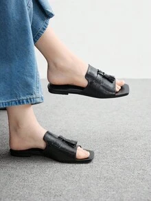CUCCOO BIZCHIC Women's Fashion Versatile Tassel Black Flat Slide Sandals, Comfortable Lightweight Slip-On Flat Sandals