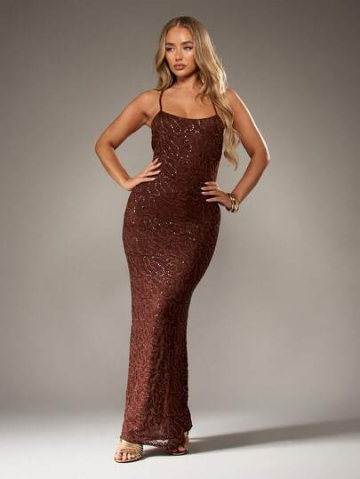 matte silk cowl neck backless maxi dress Baldwin Sequin Cut Out Maxi Dress - Mahogany main image 1