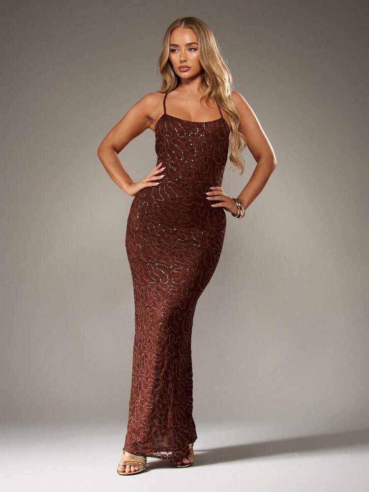 MISSGUIDED Sequin Lace Evening Maxi Dress Backless Long Fitted Gown Winter Holidays Special Occasion Dress Glitter Sparkle Party Formal Wedding Guest