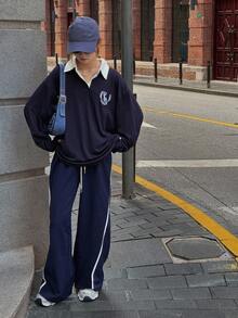 DAZY 少女休闲宽松图案刺绣T恤，秋季 - 藏蓝色 - 查看 2