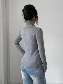 Elenzga 女士优雅休闲通勤时尚折领长袖装饰纽扣针织毛衣，秋冬 - 灰色 - 查看 2