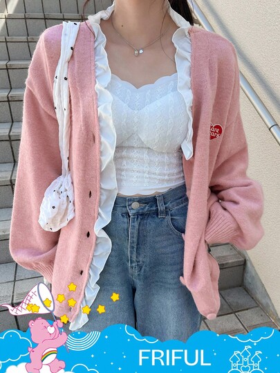 SHEIN X Care Bears FRIFUL Women's Ruffle Trim Loose Fit V-Neck Long Sleeve Cardigan With Letter & Heart Embroidery