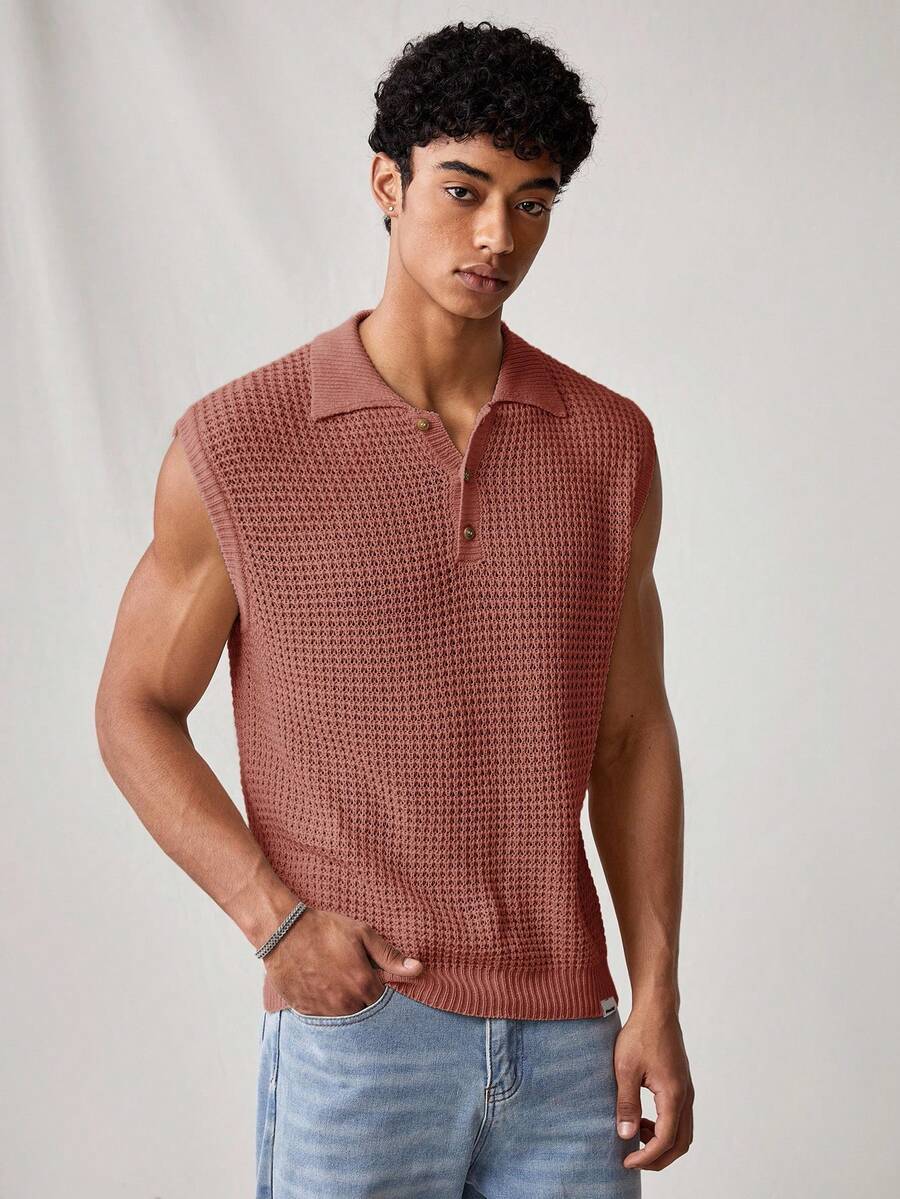 SWAVVY Men's Solid Color Sleeveless Knit Top, Polo Shirt For Summer,Vacation - Redwood - View 1