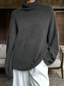 Livesso 女款寬鬆商務休閒高領套頭毛衣，灰色，適合秋冬校園穿著 - 灰色 - 查看 3