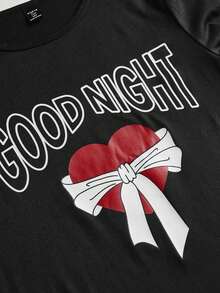 SHEIN Teen Girl 2pcs Heart & Bowknot Letter Print Crew Neck Long Sleeve Top & Long Pants Pajama Set (Comfortable Home Wear), Christmas - Black - View 3