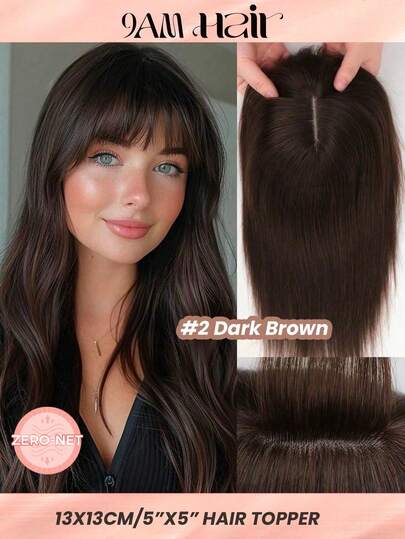 ZERO-NET 女士假发 10 英寸 100% 真人发顶饰，带刘海 13x13 厘米假头皮丝绸底座 2# 深棕色假发顶饰，适合头发稀疏的女士，遮盖白发
